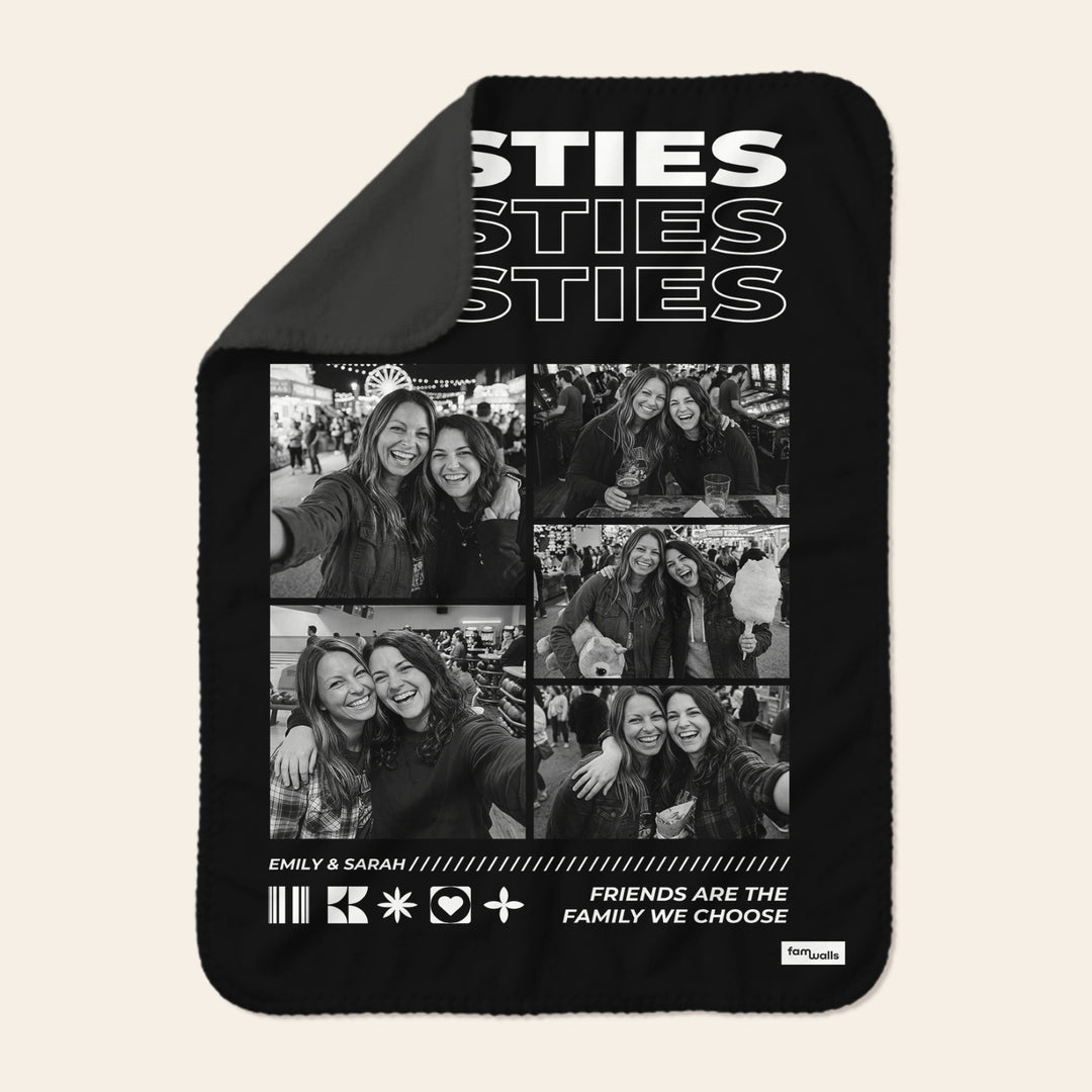 Black Besties blanket with photo grid and the quote friends are the family we choose