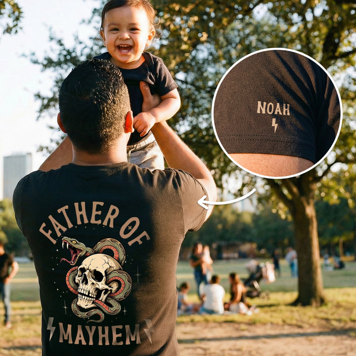 Personalized T-Shirt "Father of Mayhem" with Sleeve Print