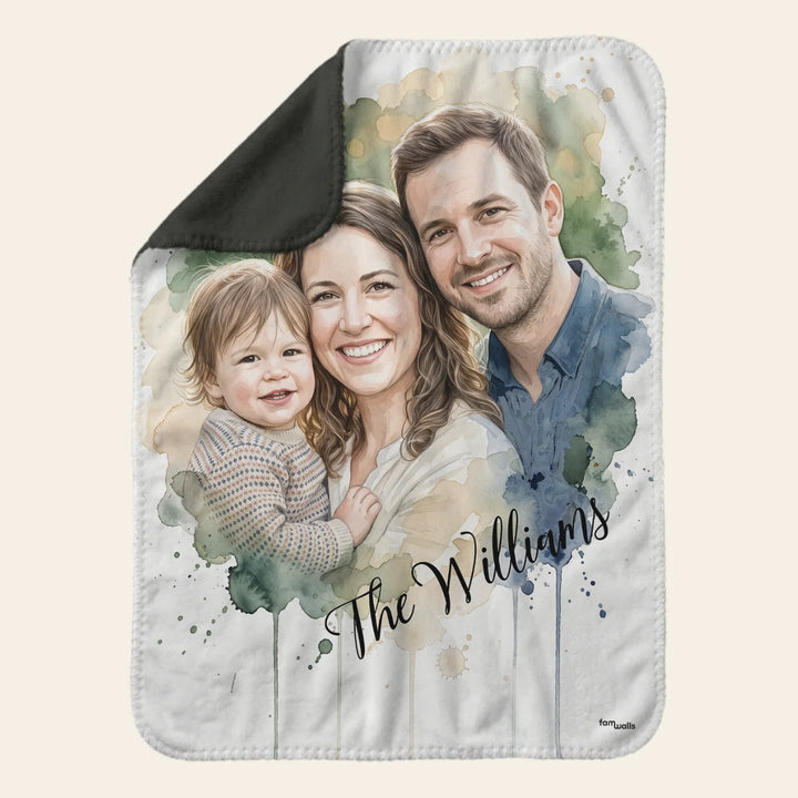 Family watercolor blanket with the name "The Williams" and the corner folded over