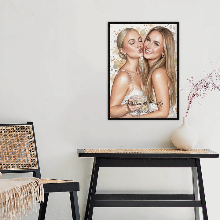 Watercolor poster of two friends in a black frame above a console table