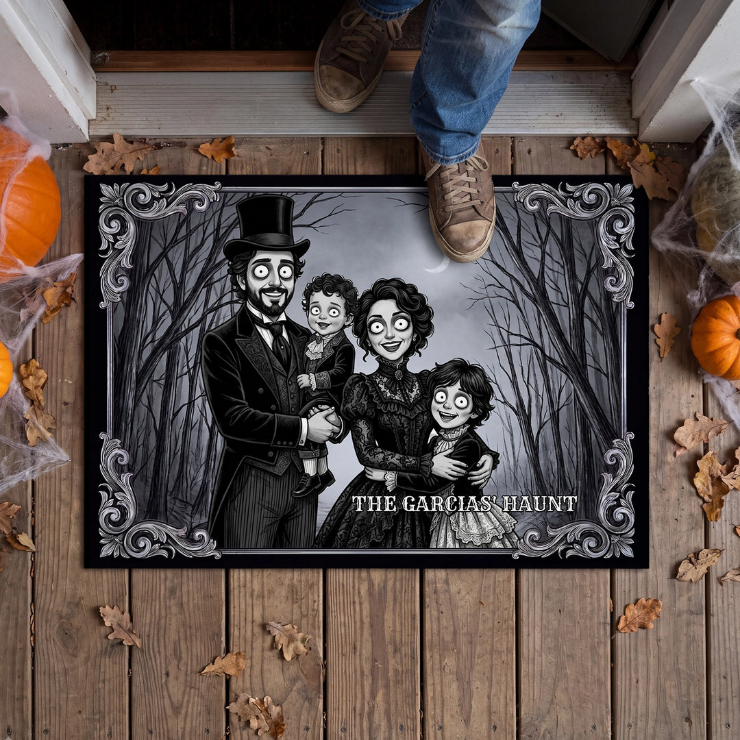 Halloween family photo doormat The Garcias' Haunt on a wooden porch with pumpkins