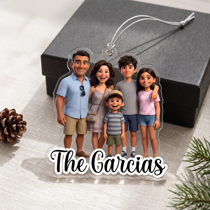 Cartoon Portrait ornament of a family of five with the name The Garcias in front of a gift box