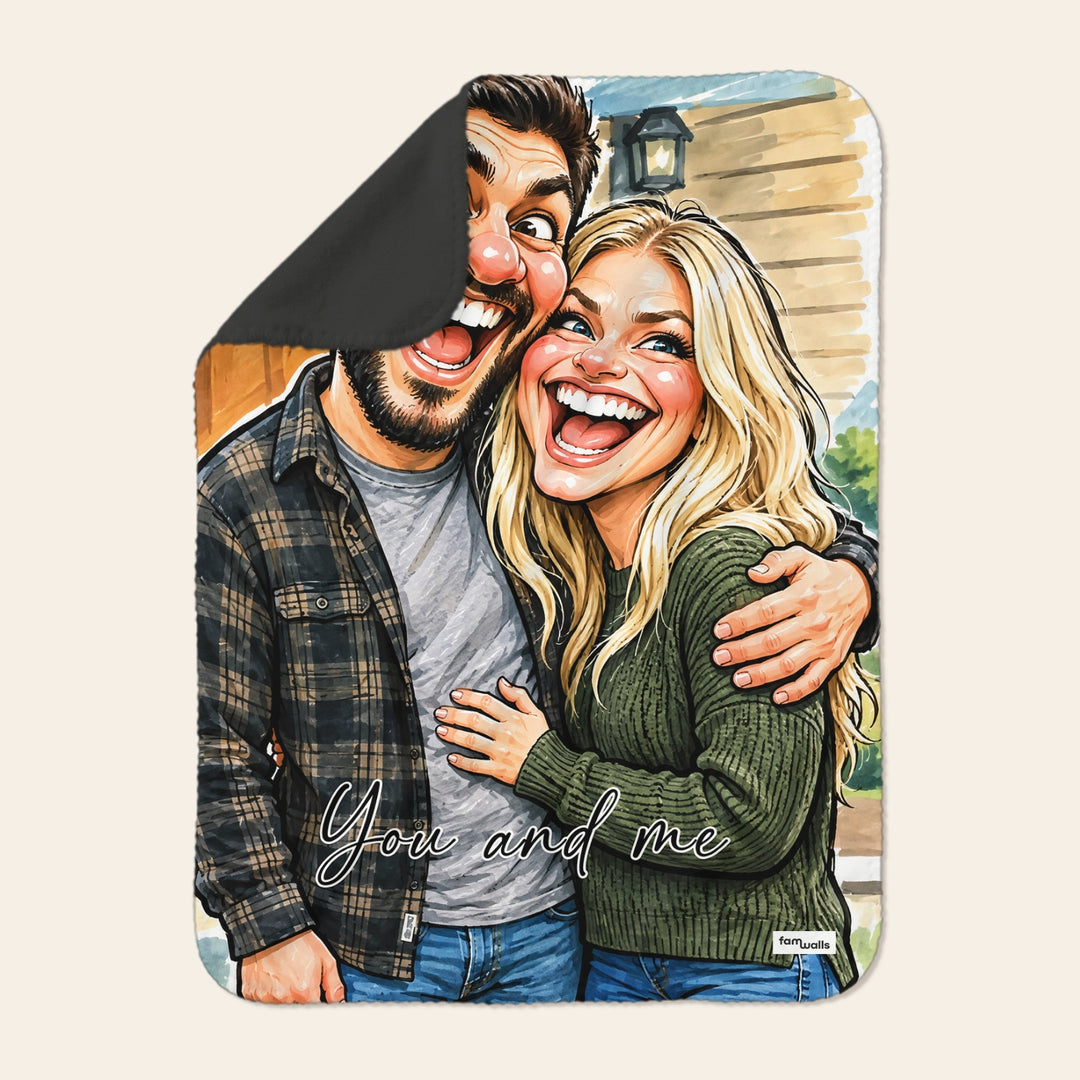 Couple sketch blanket with the text "You and me" and the corner folded over