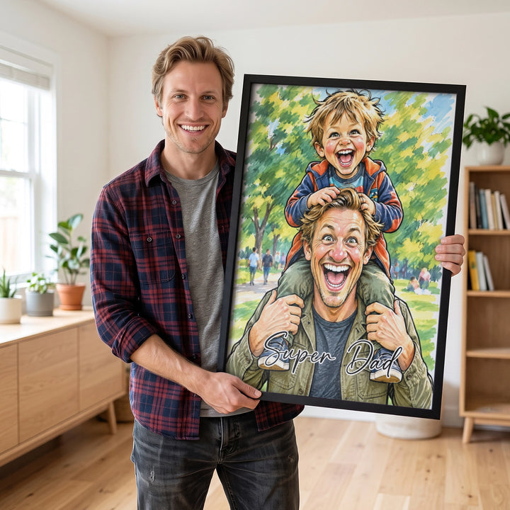 Dad holding a personalized sketch poster of himself with his son on his shoulders and Super Dad lettering
