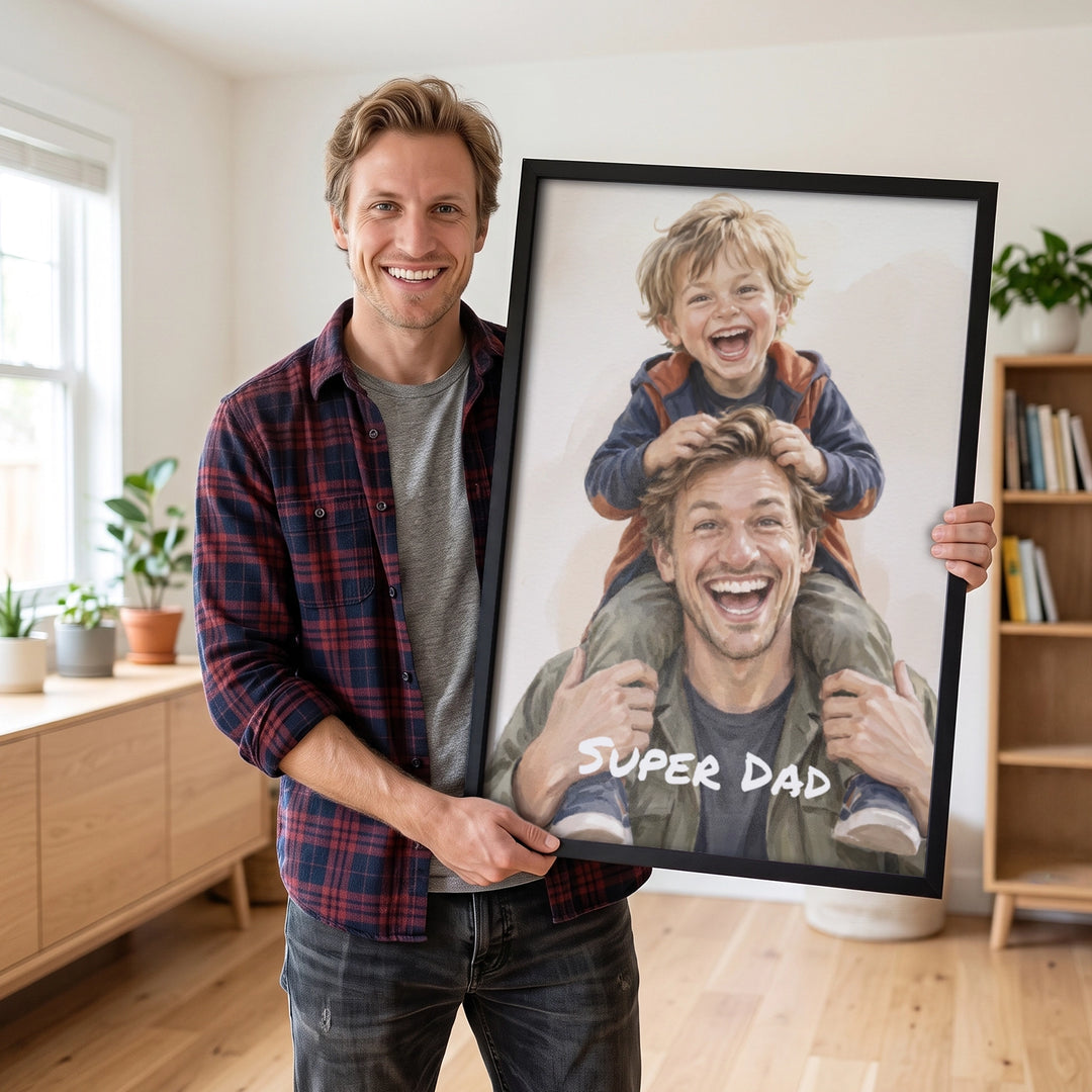 Dad holding a personalized watercolor poster showing him with his son on his shoulders and Super Dad lettering