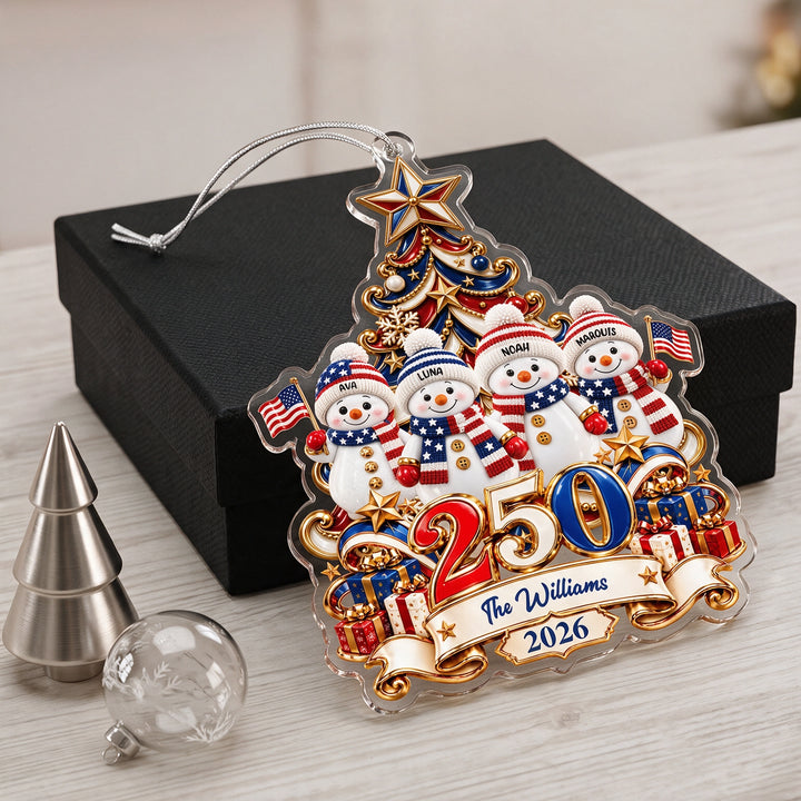 Snowman 250 Years ornament with four snowmen and the name The Williams on a black gift box