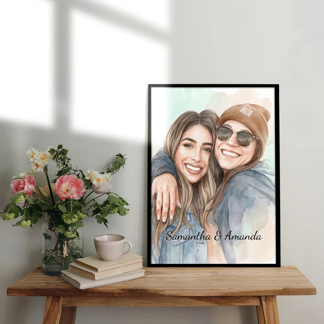 Watercolor portrait of two smiling friends on a wooden table with flowers