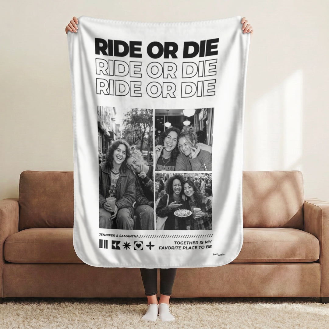 White Ride or Die blanket with photo collage held up in a living room