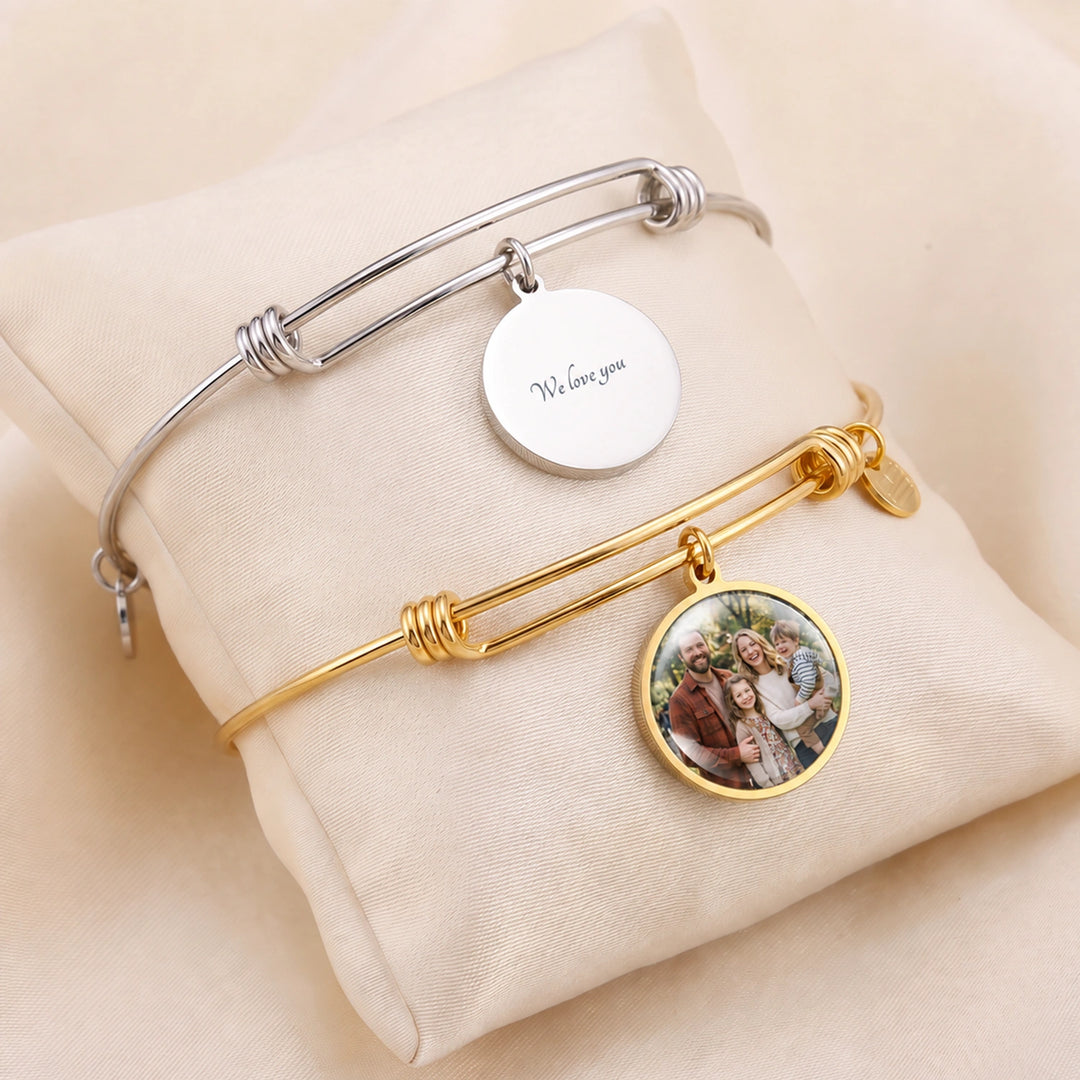 Silver round charm engraved We love you next to gold Photo Circle bracelet with family photo