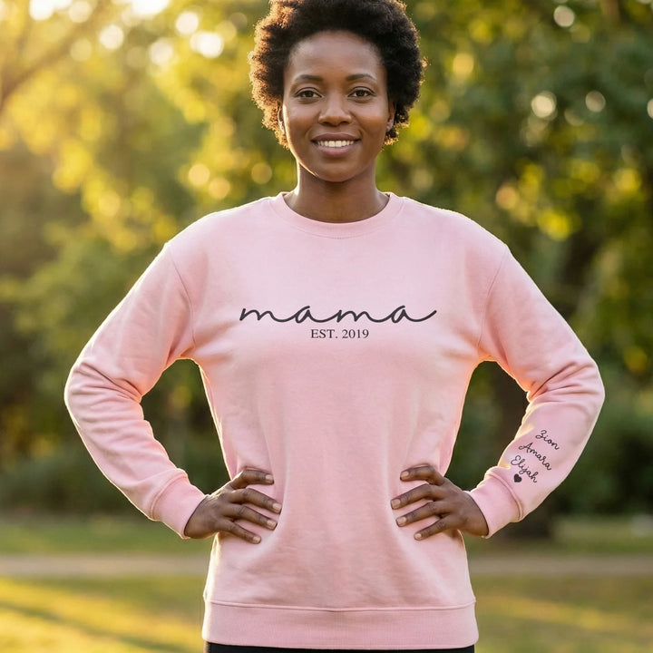 Personalized "Mama Cursive" Sweater with Sleeve Print