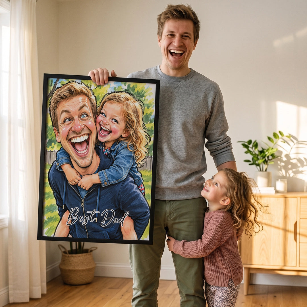 Dad and daughter next to a personalized sketch poster with Best Dad lettering in a bright living room