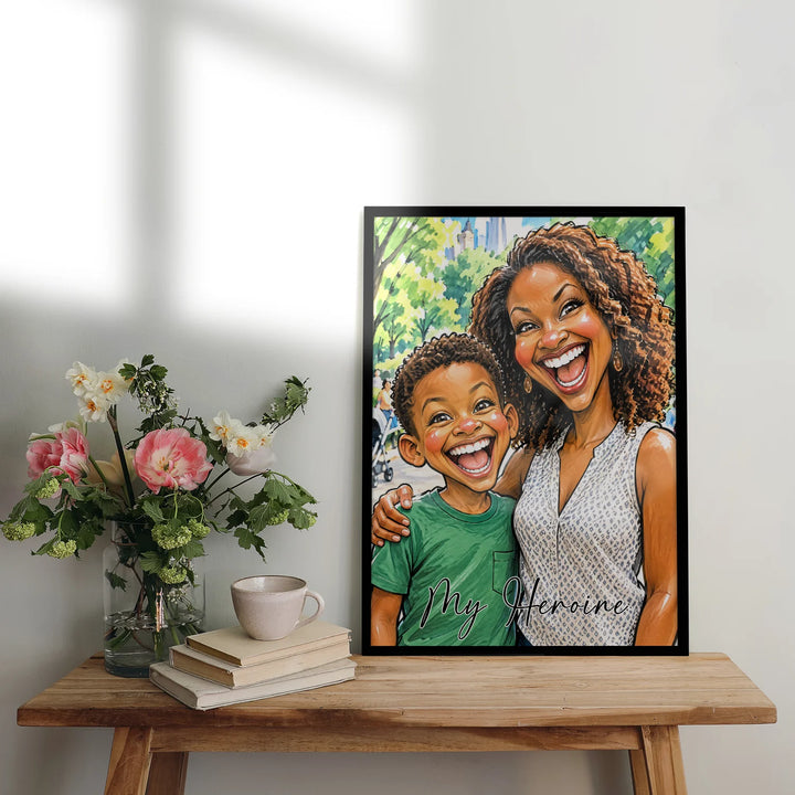 Personalized sketch poster of a mom and son with My Heroine lettering on a wooden table with flowers