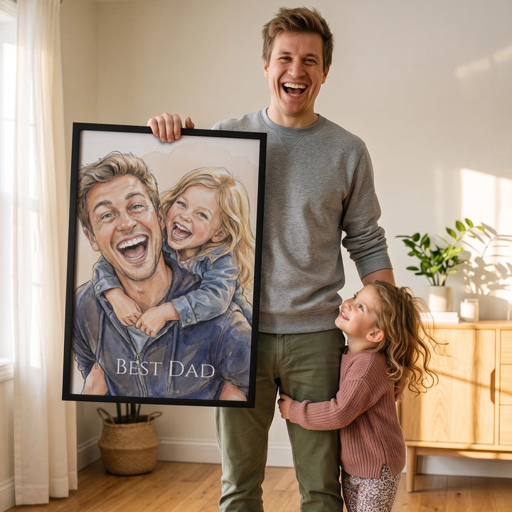 Dad holding a personalized sketch-style watercolor poster with Best Dad lettering while his daughter hugs him