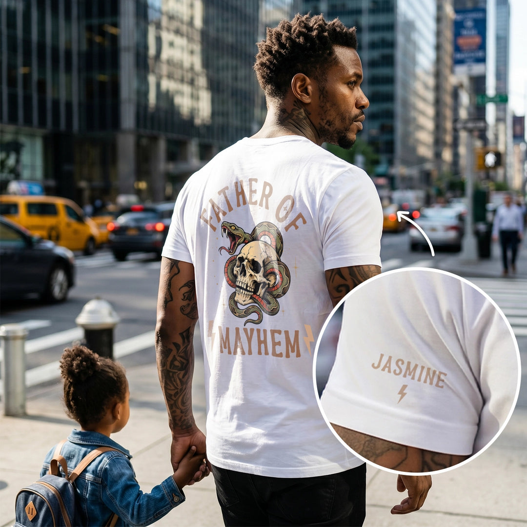Personalized T-Shirt "Father of Mayhem" with Sleeve Print