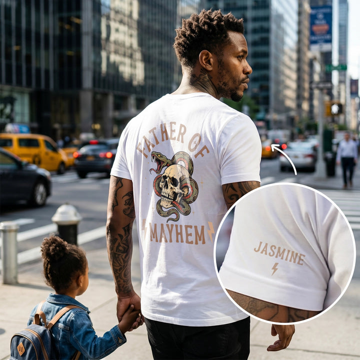 Personalized T-Shirt "Father of Mayhem" with Sleeve Print