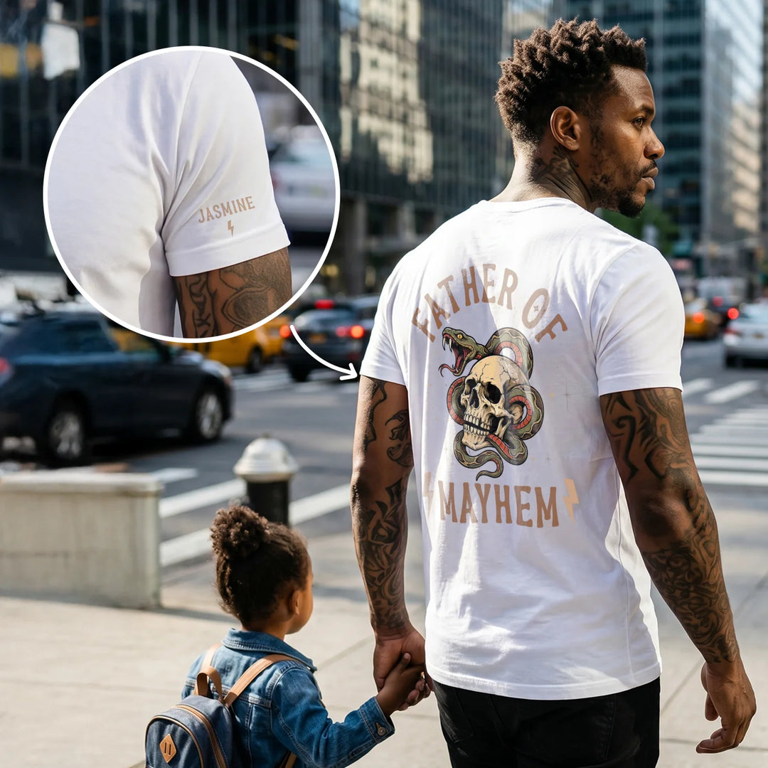 Personalized T-Shirt "Father of Mayhem" with Sleeve Print