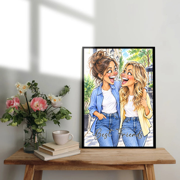Framed poster of two laughing friends in denim on a wooden table with flowers