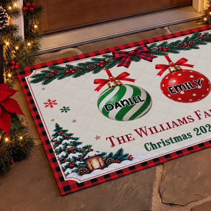 Christmas Family doormat with red plaid border and named ornaments at the front door
