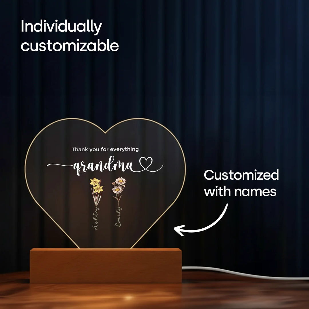 Personalized Heart Acrylic Light "Flowers for Grandma" | Night Light, Decor Light, Glow Light