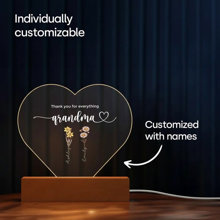 Personalized Heart Acrylic Light "Flowers for Grandma" | Night Light, Decor Light, Glow Light
