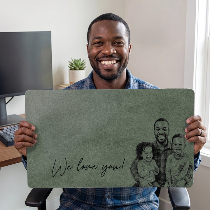 Smiling dad holding the green We love you desk mat with family line drawing