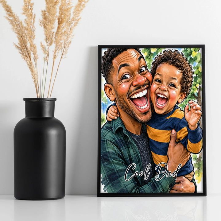 Personalized sketch poster of a dad and son with Cool Dad lettering next to a black vase