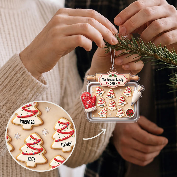 Hanging the cookie tray ornament on the tree, close-up of name cookies