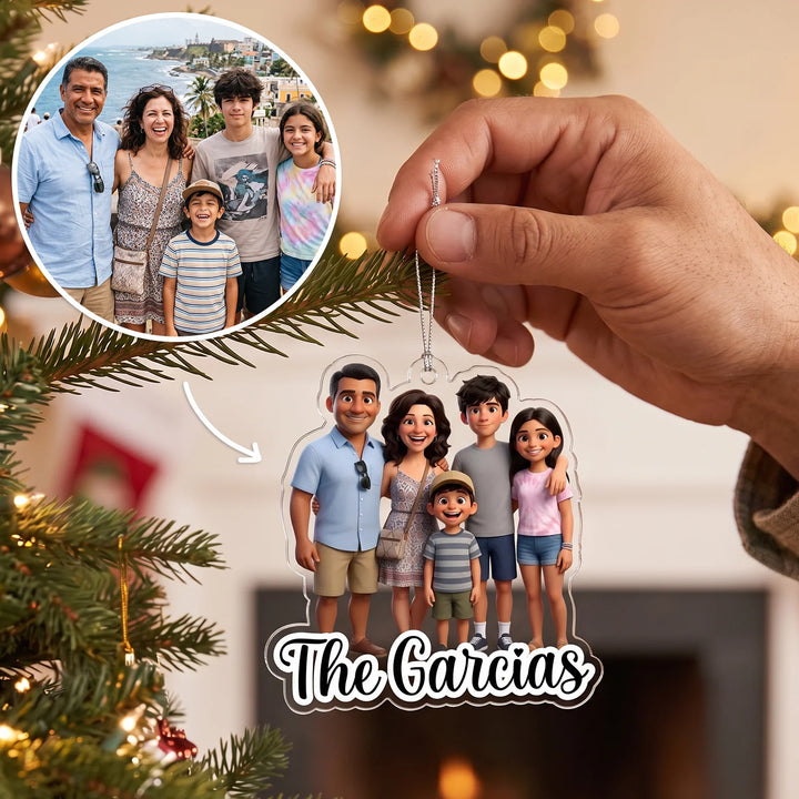 Family vacation photo turned into the Cartoon Portrait ornament with the name The Garcias on the Christmas tree