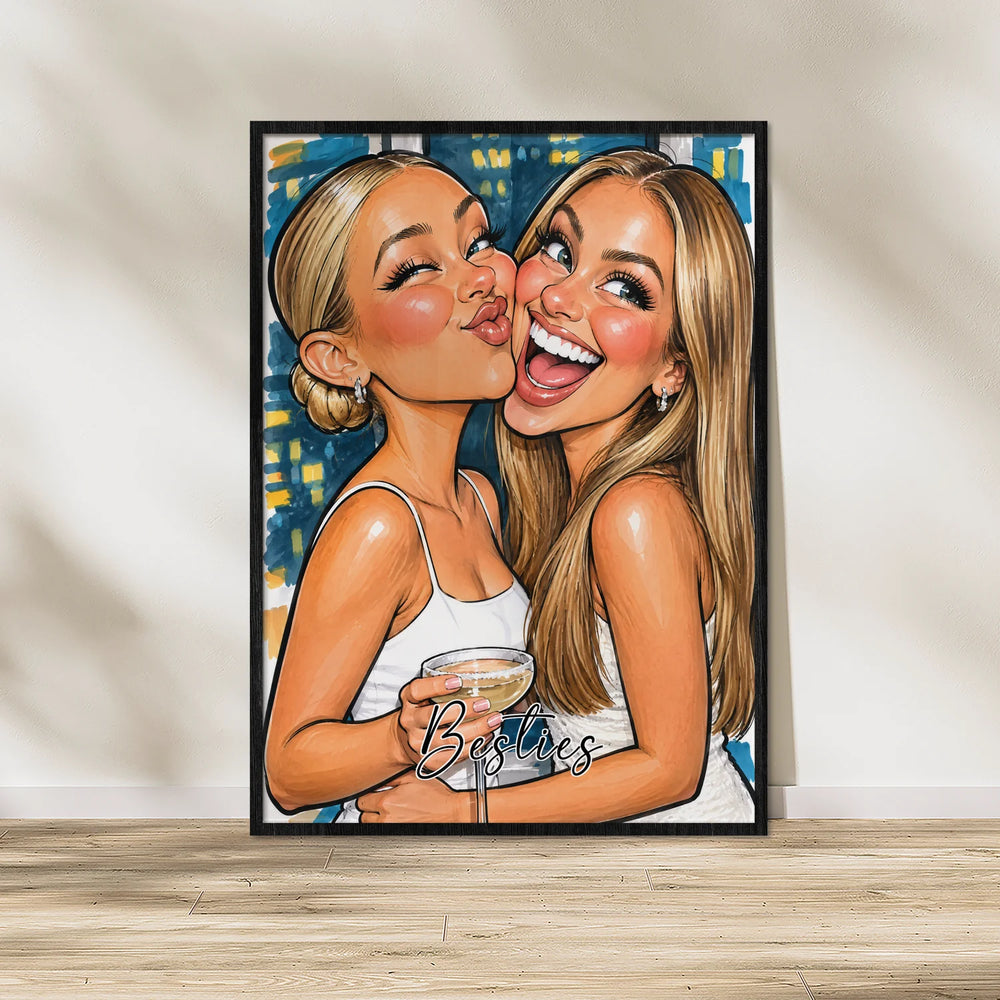 Besties Sketch poster with a caricature of two friends in a black frame