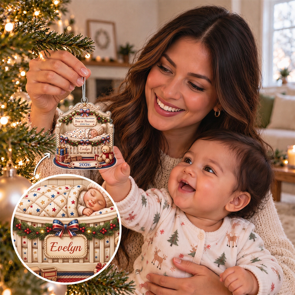 Mom and baby with the personalized Baby’s First Christmas ornament, close-up of the name Evelyn