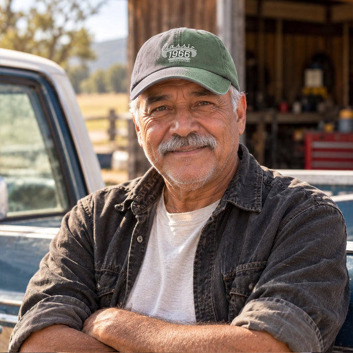 Man wearing a green Classic 1966 Limited Edition cap in front of a pickup truck