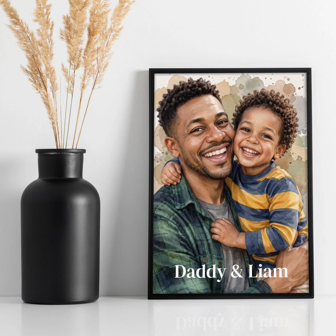 Personalized watercolor poster Daddy & Liam on a shelf next to a vase with dried pampas grass