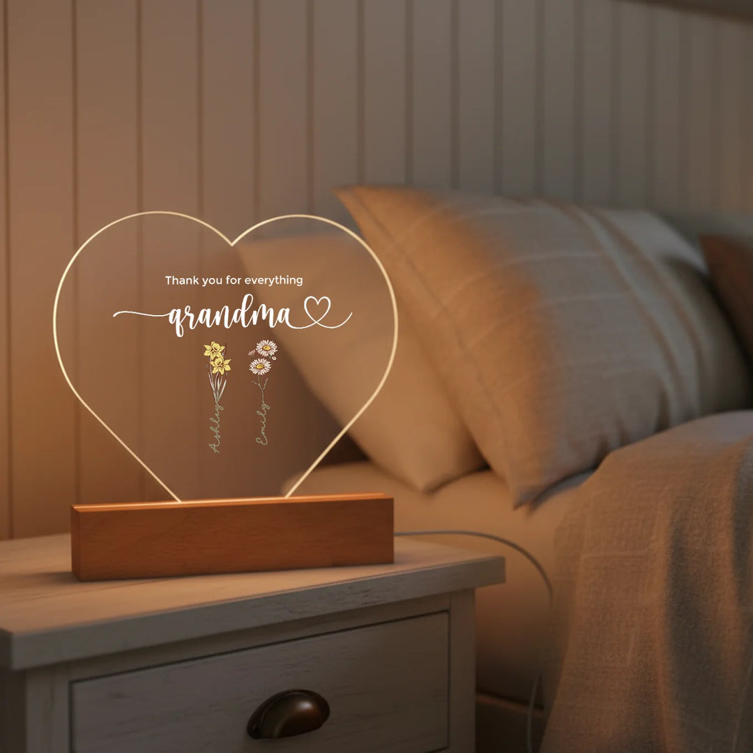 Personalized Heart Acrylic Light "Flowers for Grandma" | Night Light, Decor Light, Glow Light