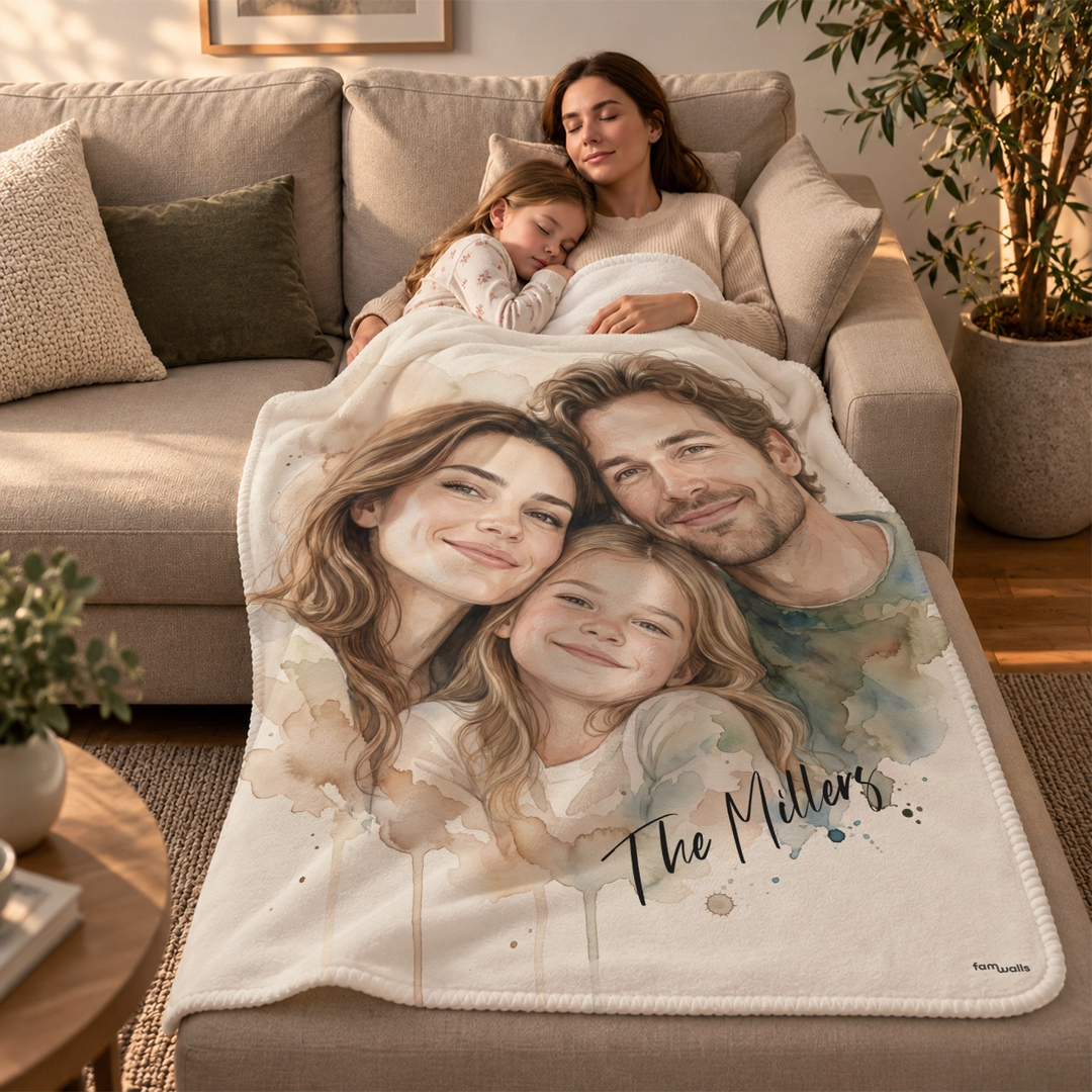 Mother and daughter cuddling on the sofa under the watercolor blanket with "The Millers"