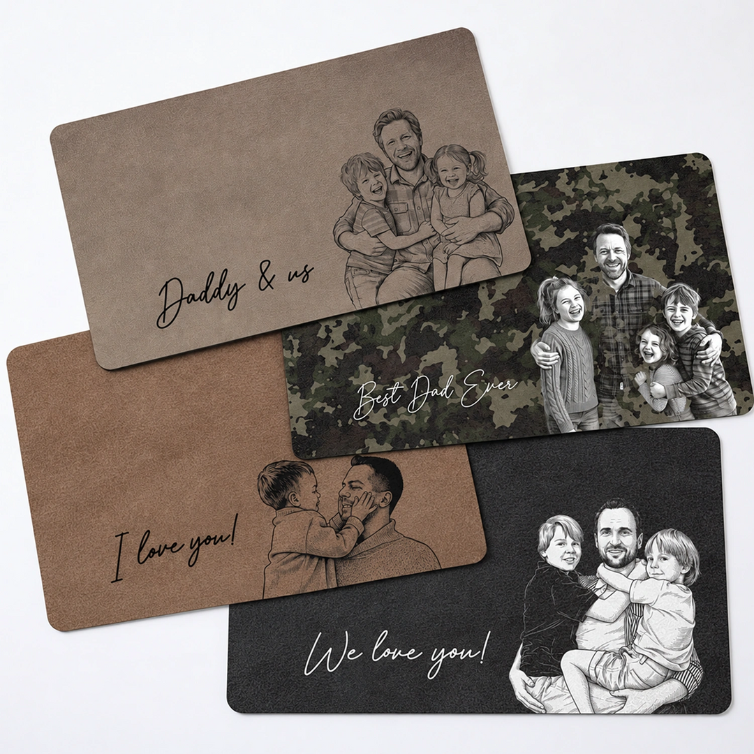 Four Dad desk mats in brown, camo and black with line-art family portraits