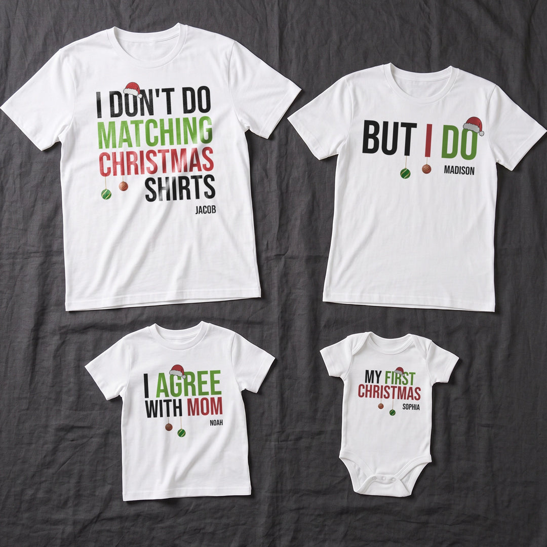White family Christmas shirts for adults and kids plus a baby bodysuit with funny slogans and names