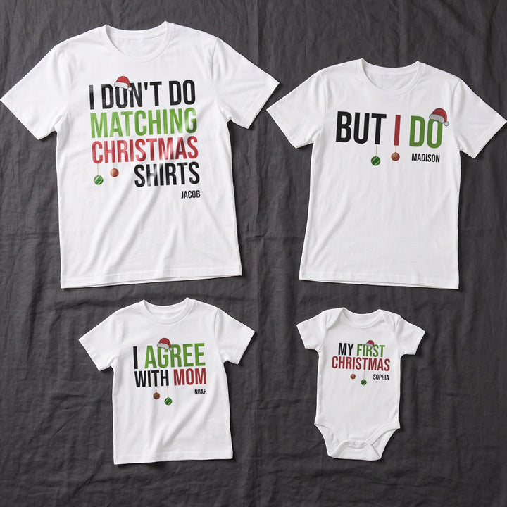 White family Christmas shirts for adults and kids plus a baby bodysuit with funny slogans and names
