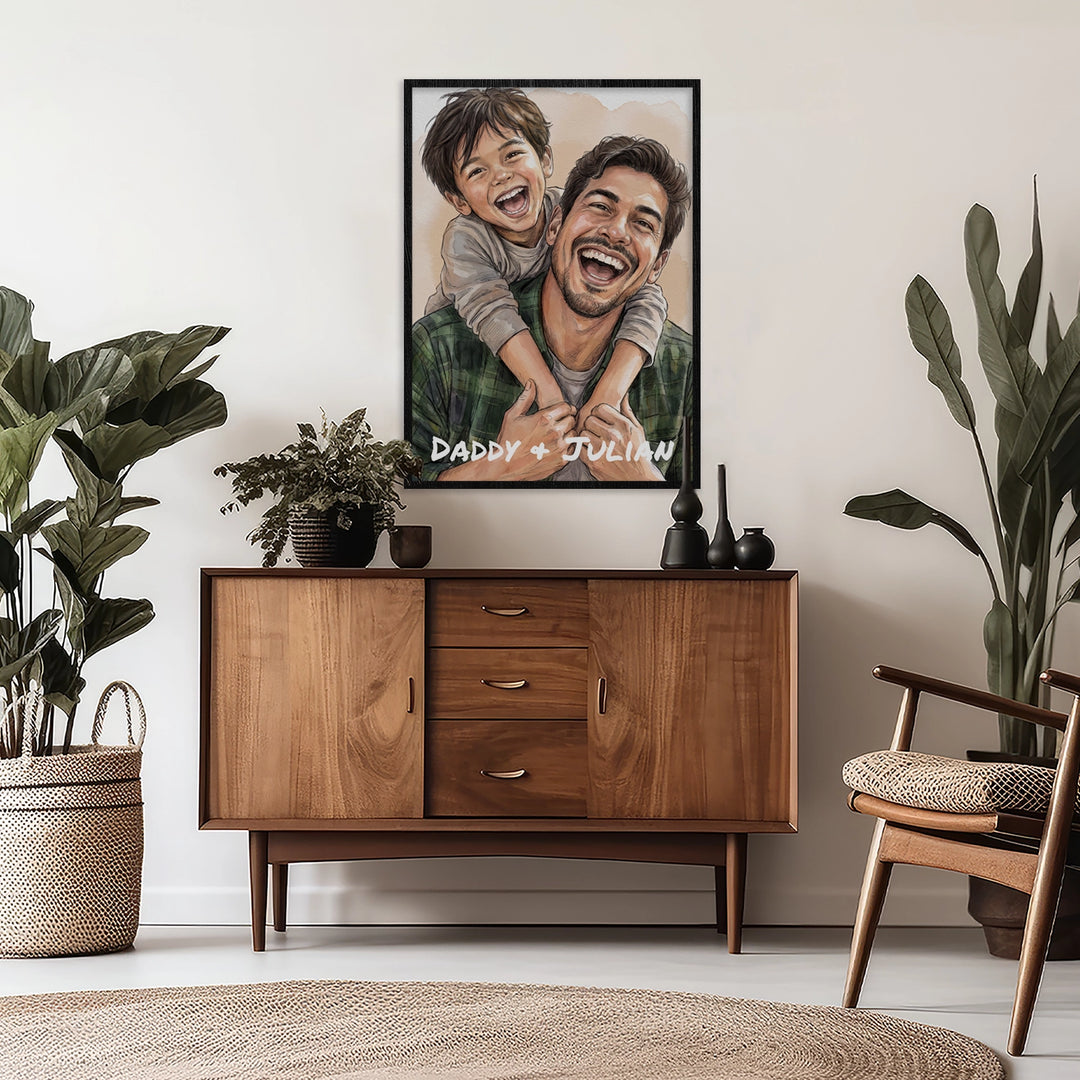 Personalized watercolor poster Daddy + Julian hanging above a wooden sideboard