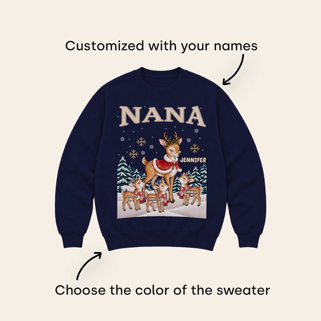 Navy personalized Christmas sweatshirt with NANA title, mother reindeer and grandkids' names, available in different colors