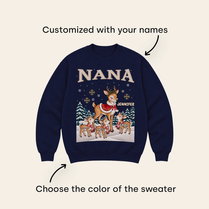 Navy personalized Christmas sweatshirt with NANA title, mother reindeer and grandkids' names, available in different colors