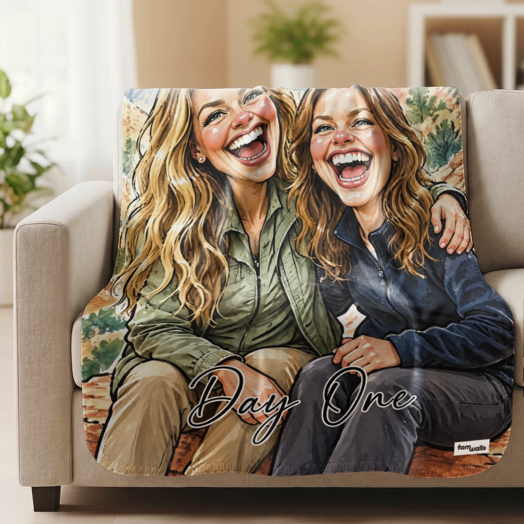 "Besties Sketch" blanket with the quote Day One on a beige sofa