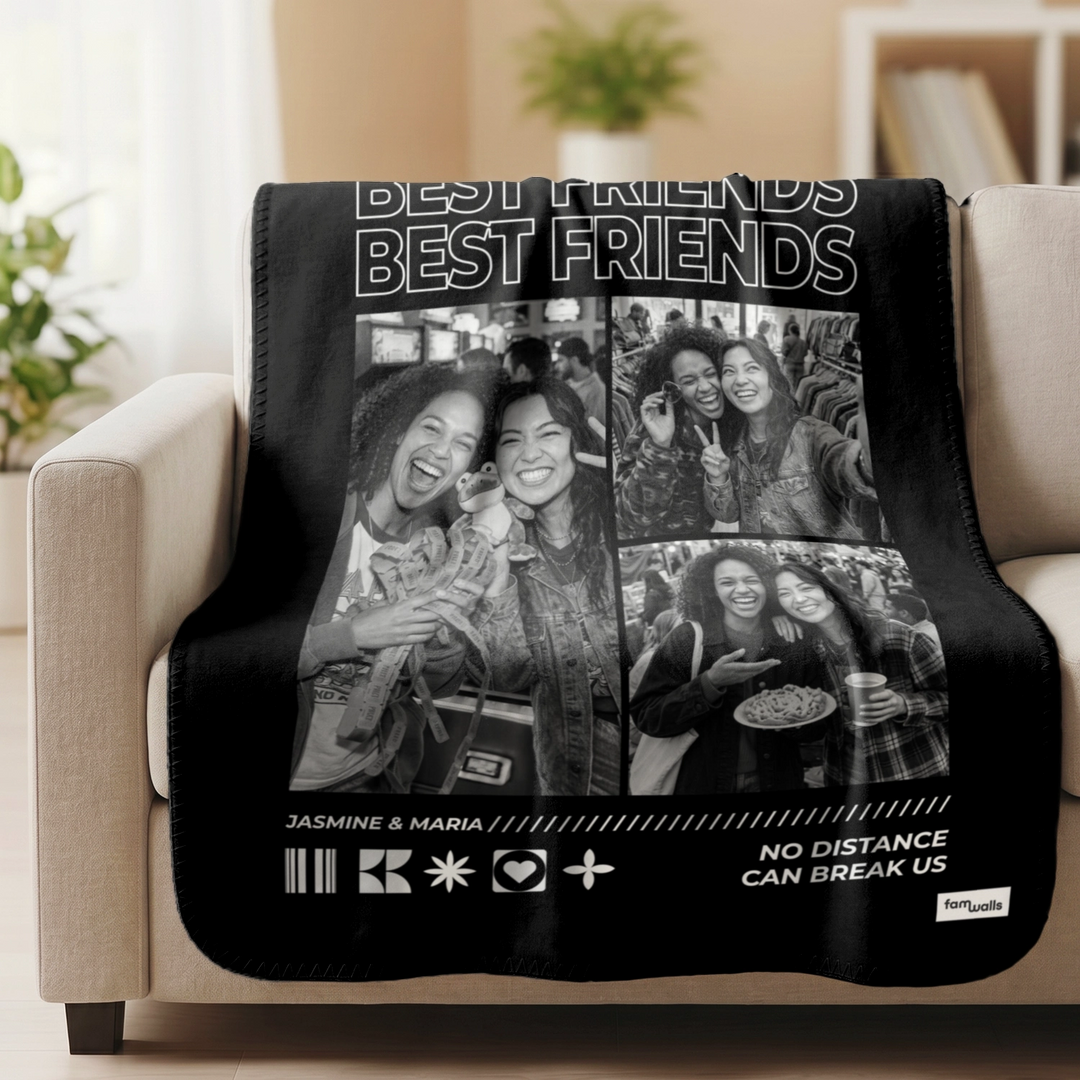 Black Best Friends blanket with photo collage and the quote no distance can break us