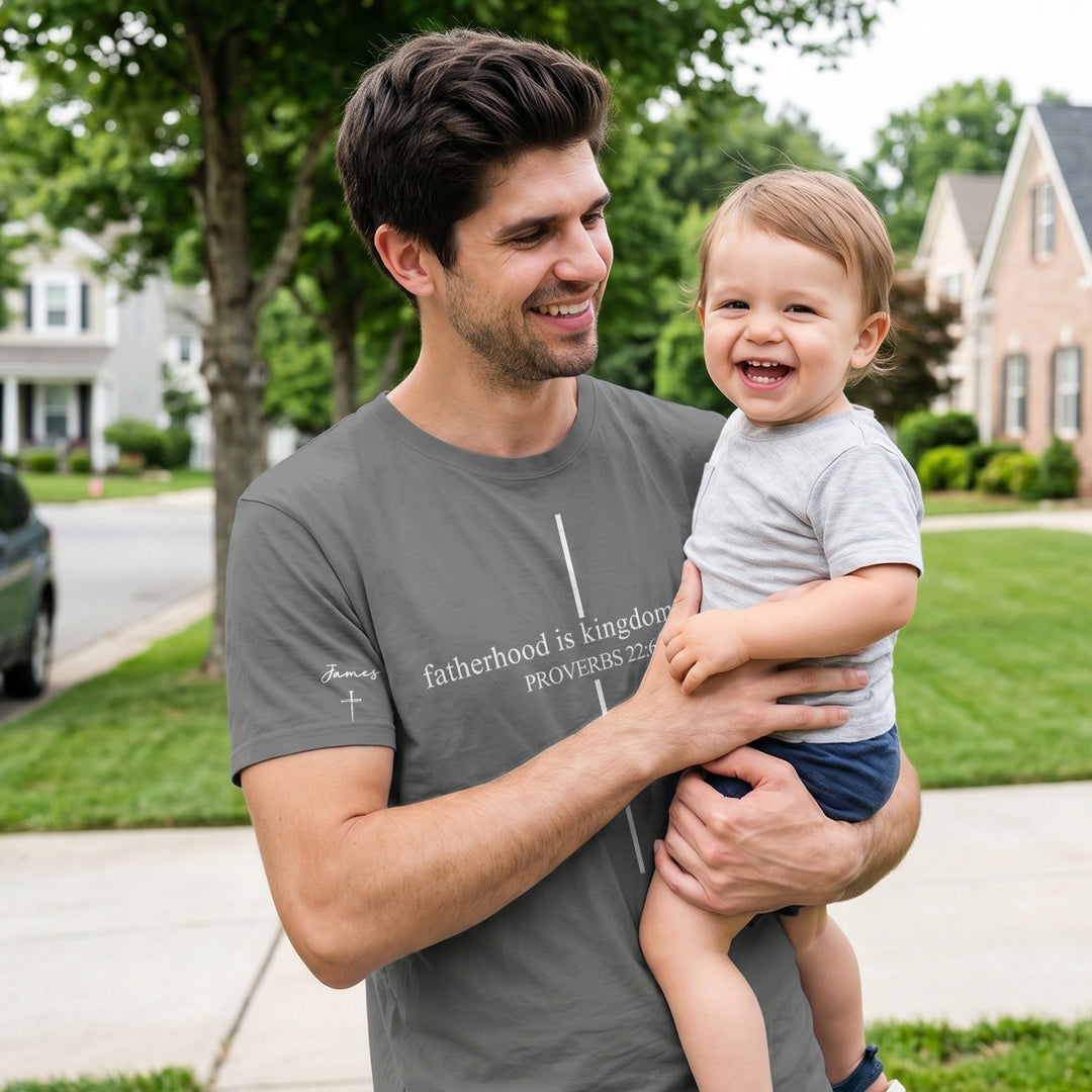 Personalized T-Shirt "Fatherhood is Kingdom Work" with Sleeve Print