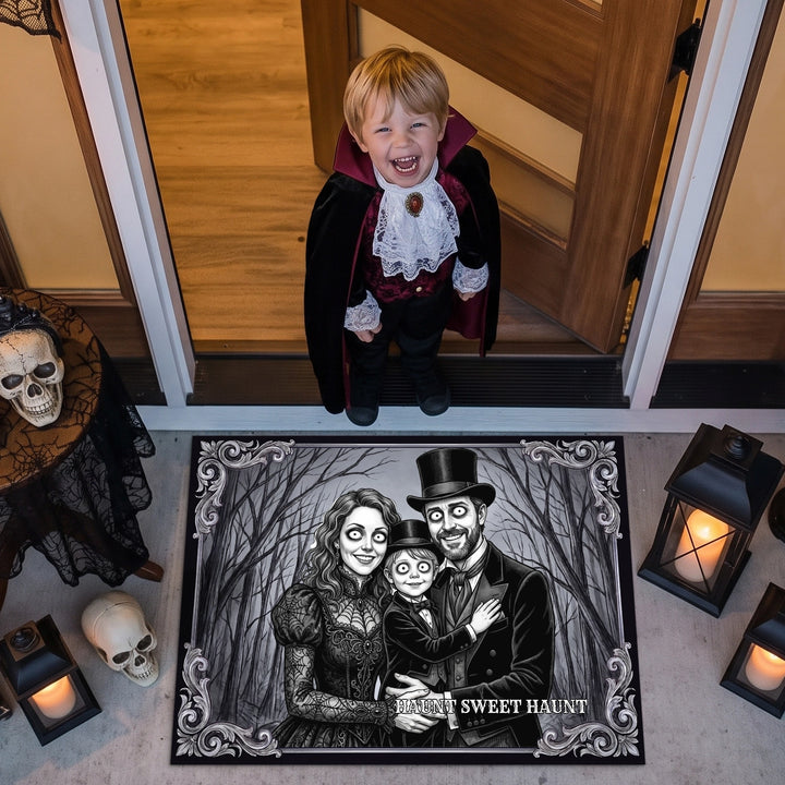 Boy in a vampire costume at the door above the Halloween family photo doormat