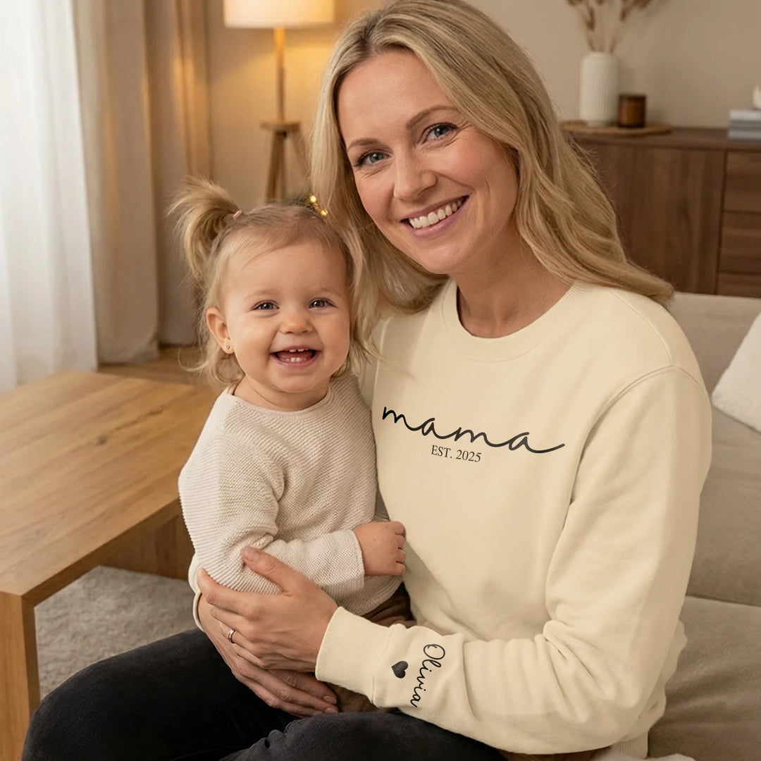 Personalized "Mama Cursive" Sweater with Sleeve Print