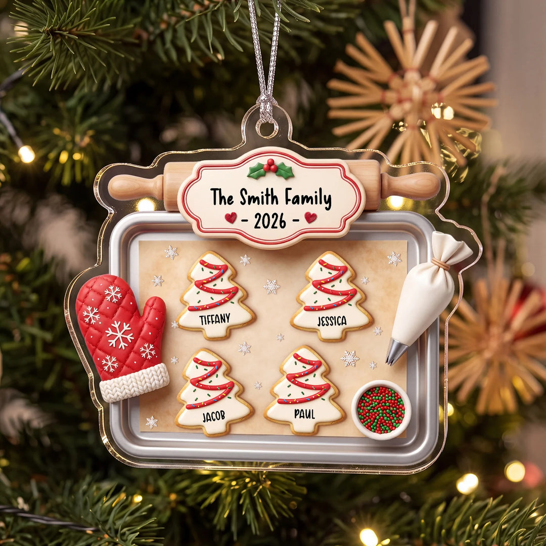 Family Cookie Tray ornament with family name hanging on the Christmas tree
