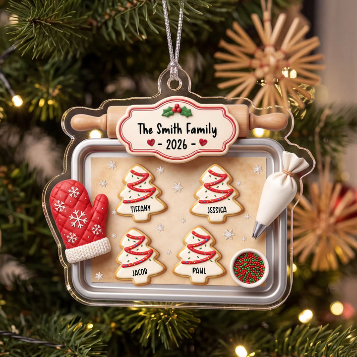 Family Cookie Tray ornament with family name hanging on the Christmas tree