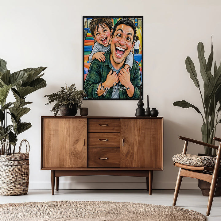 Personalized sketch poster of a dad and son with My Hero lettering above a wooden sideboard