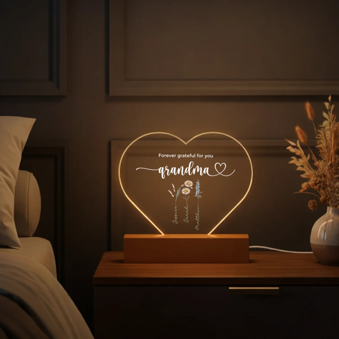 Personalized Heart Acrylic Light "Flowers for Grandma" | Night Light, Decor Light, Glow Light
