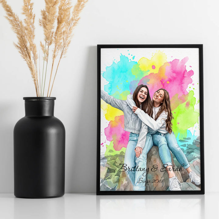 Poster of two friends in front of colorful paint splashes next to a black vase
